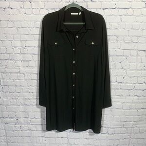 Susan Graver Womens Black Longer Length Button Down Long Sleeve Size XL Business